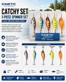 Kinetic Catchy set of five colourful fishing spinner lures with tackle box