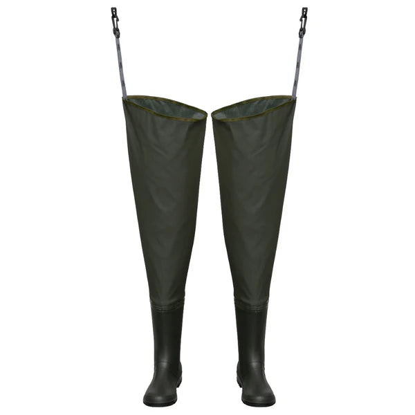 Mikado Thigh Waders – lightweight waterproof PVC fishing waders with non-slip boots.