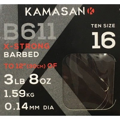 Kamasan B611 Barbed X Strong Hooks To Nylon 30cm
