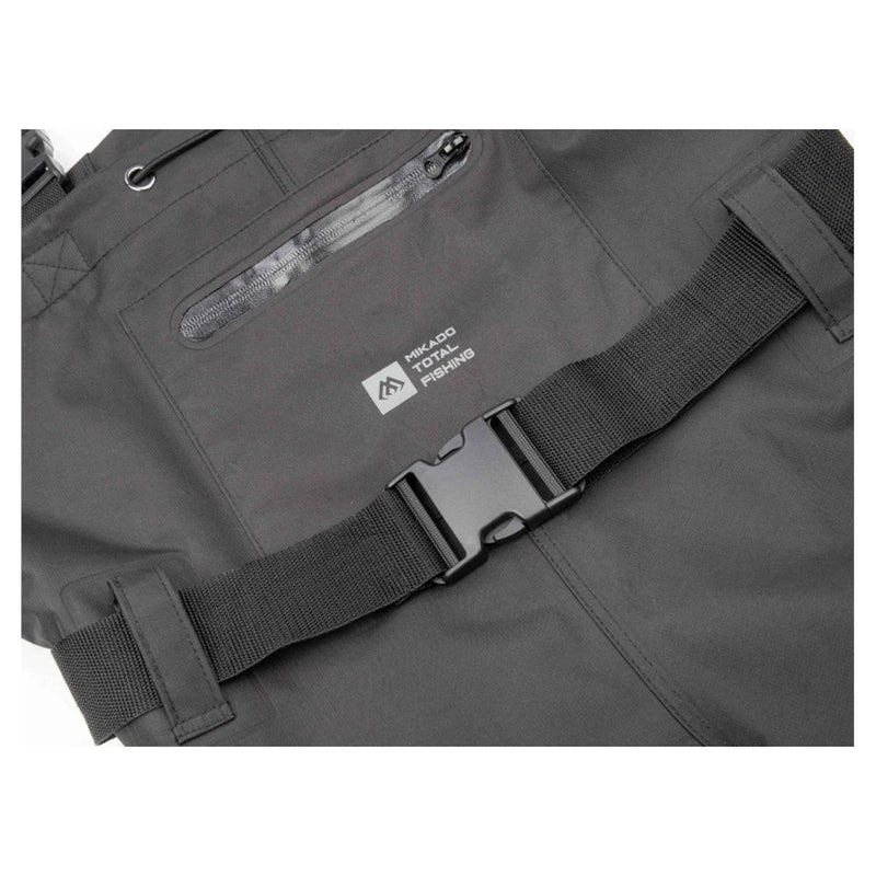 Black BASIC Mikado chest waders showing adjustable braces and reinforced seams