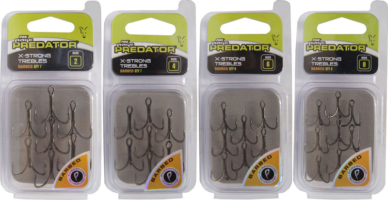 Fox Rage Powerpoint X-Strong Treble Hooks in retail pack – black nickel barbed predator hooks.